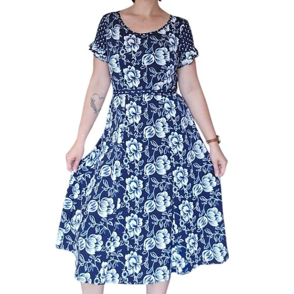 Perceptions New York Floral Ruffled Sleeve Women's Dress Size Large Blue White - Picture 1 of 8